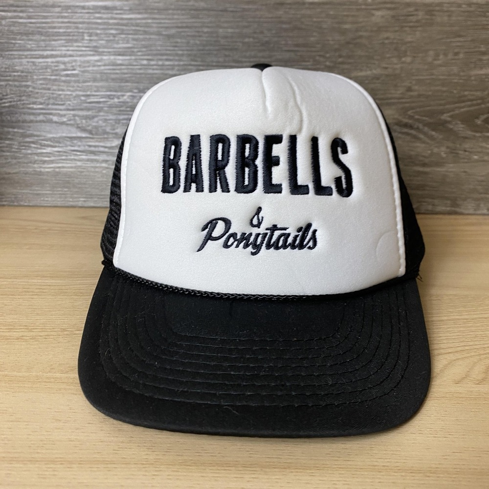 Barbells & Ponytails Hat Cap Snap Back Trucker Embroidered Womens Fitness Gym